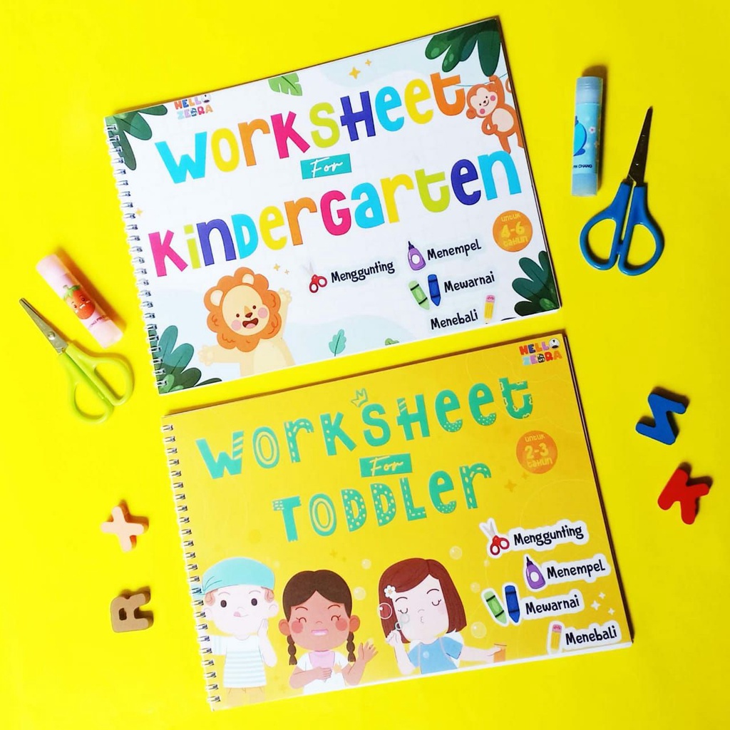 HELLO ZEBRA Worksheet Edukasi Anak – Buku Belajar Toddler & Kindergarten 2–6 Tahun + Alat Gunting ma