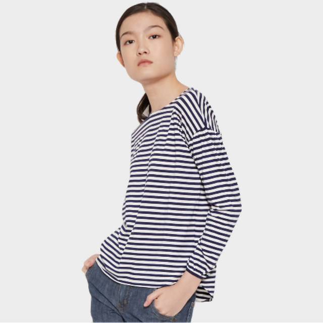 Emba S M L XL kaos wanita remaja perempuan lengan panjang garis biru navy putih kaos tshirt