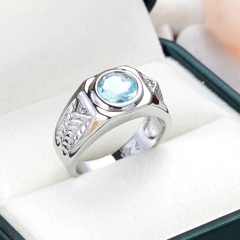 Cincin Batu Permata Topaz Swiss Blue Aquamarine Elegan Minimalis