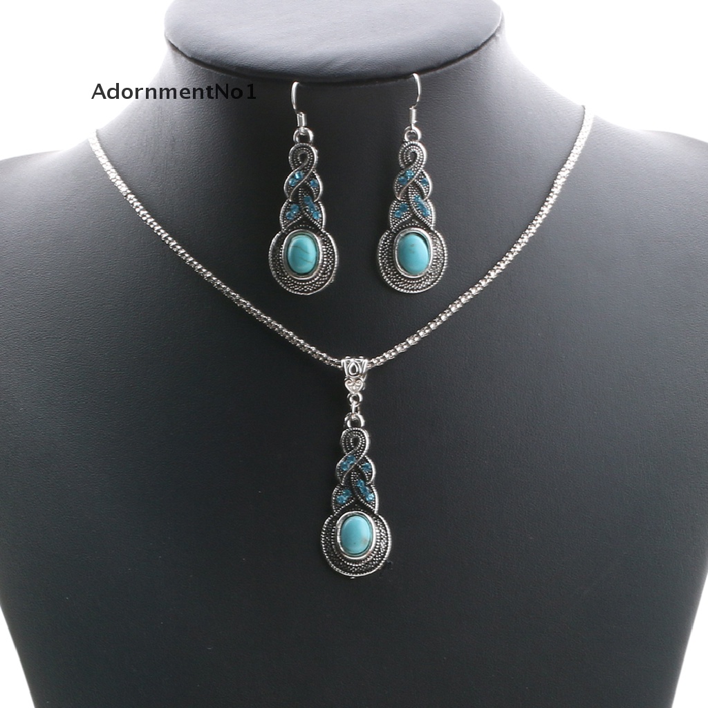 (AdornmentNo1) Set Kalung + Anting Kait Gantung Vintage Retro Elegan Aksen Batu Turquoise Untuk Wanita