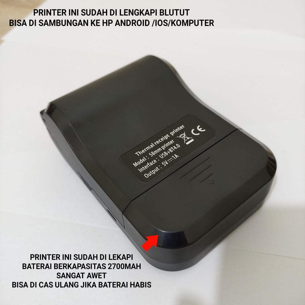 PRINTER BLUETOOTH MINI PORTABLE PRINTER THERMAL 58MM CETAK RESI NOTA STRUK PENJUALAN