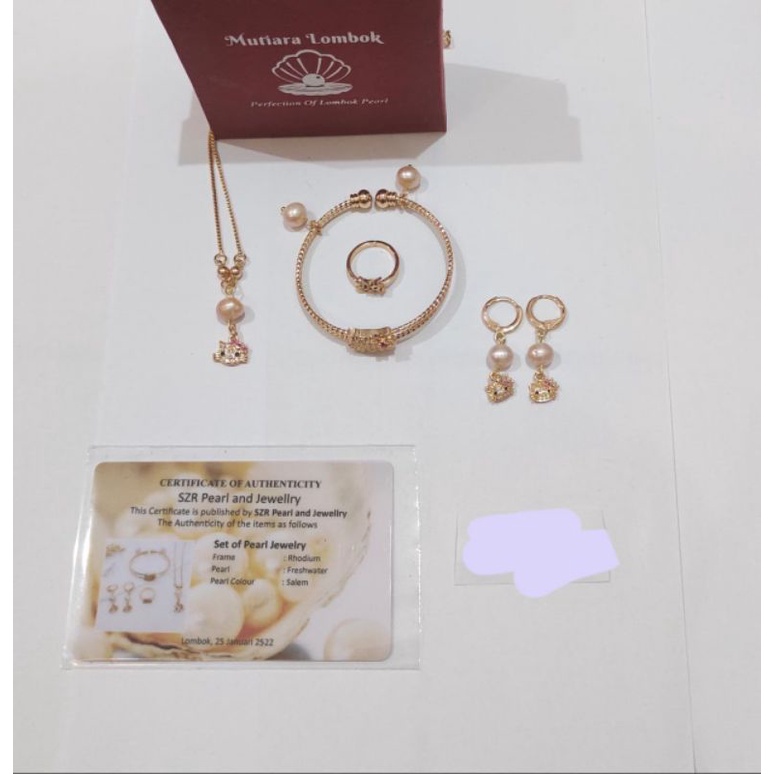 Set anak Kalung+cincin+gelang+giwang/anting Mutiara ASLI Lombok seri Hellokity