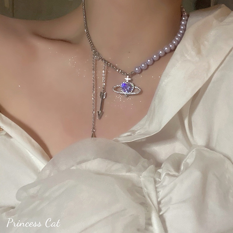 Zircon Planet Purple Pearl Necklace Accessories Light Luxury Clavicle Chain Retro