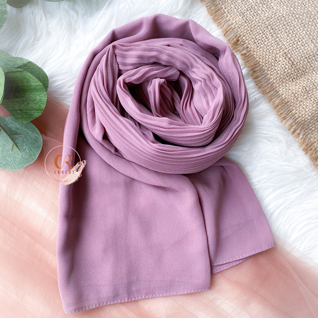 [𝐂𝐫𝐨𝐜𝐮𝐬] (180 * 60cm) Pashmina Plisket Ceruty Baby Doll / Pasmina Pleated Hijab Kerudung-Shawl Full - LILAC