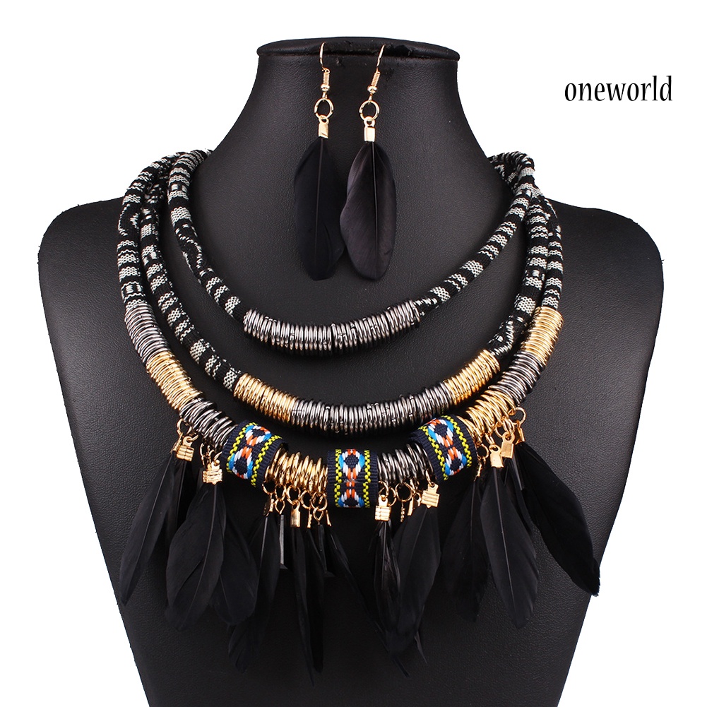 OW@ 2Pcs Feather Tassel Charm Multilayer Choker Lady Statement Necklace Earrings Set