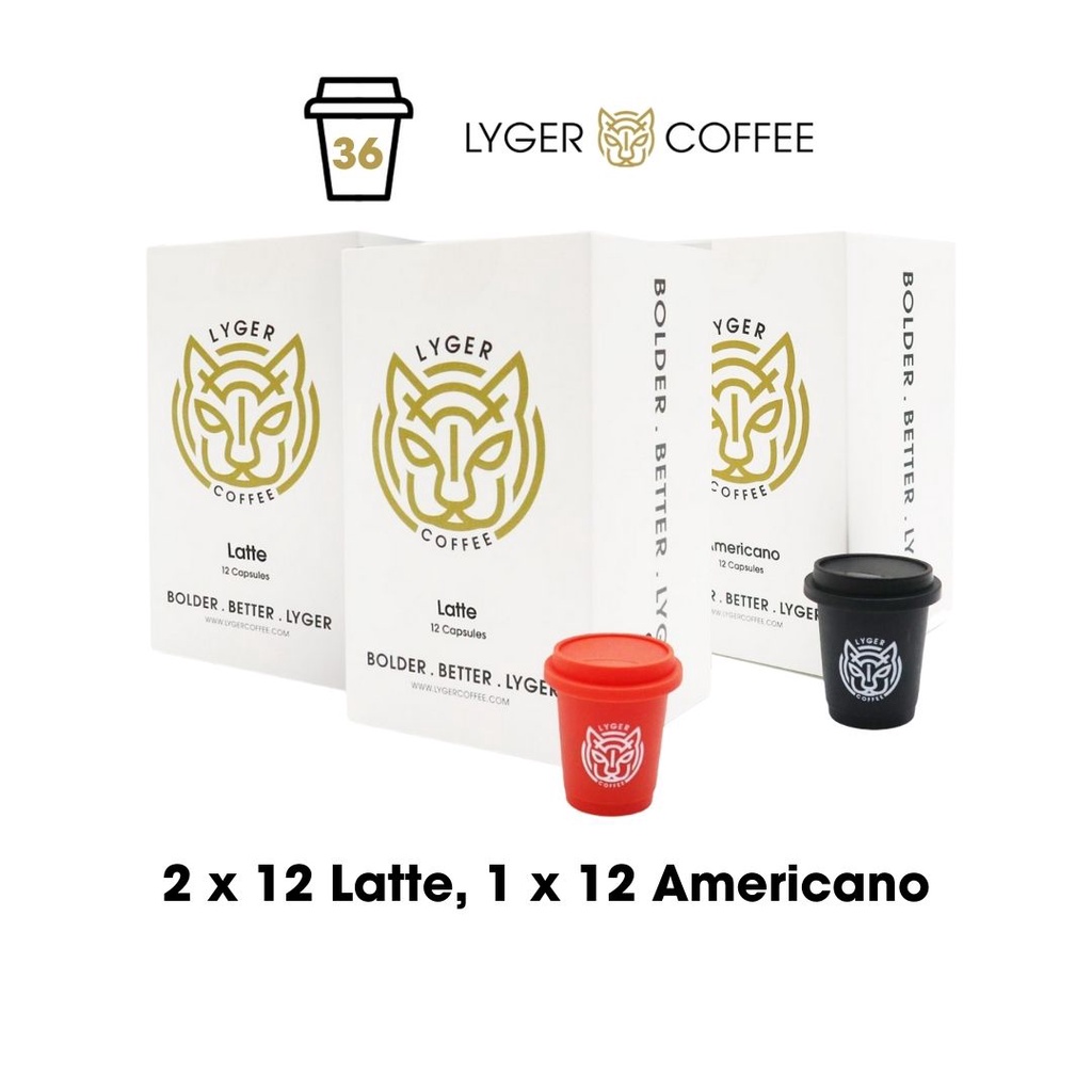 

Lyger Coffee 2 Boxes of 12 Mini Cups Latte and 1 Box Americano Crystallized Coffee