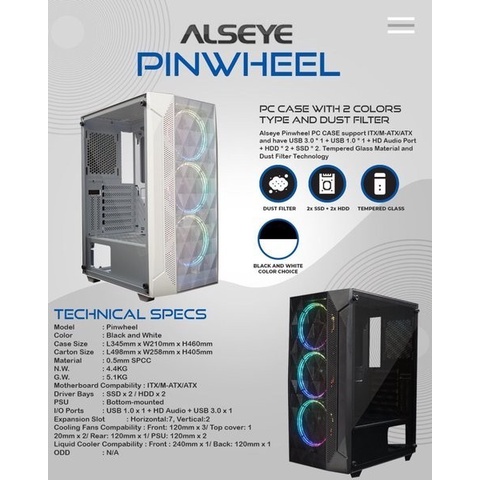 Casing Komputer / PC Gaming Alseye Pinwheel Putih Tempered Glass