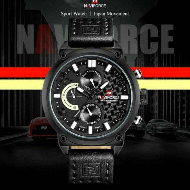 Jam Tangan Pria Naviforce 9068 Black White Water Resistance Original