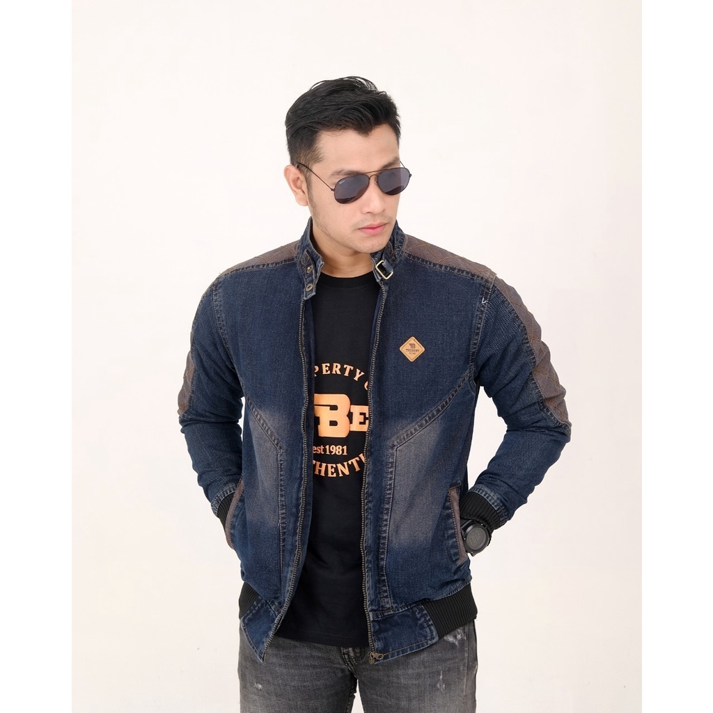 [SIAP KIRIM] Jaket Jeans Pria Logo Kulit The Berry - Jaket Denim Pundak Terlaris