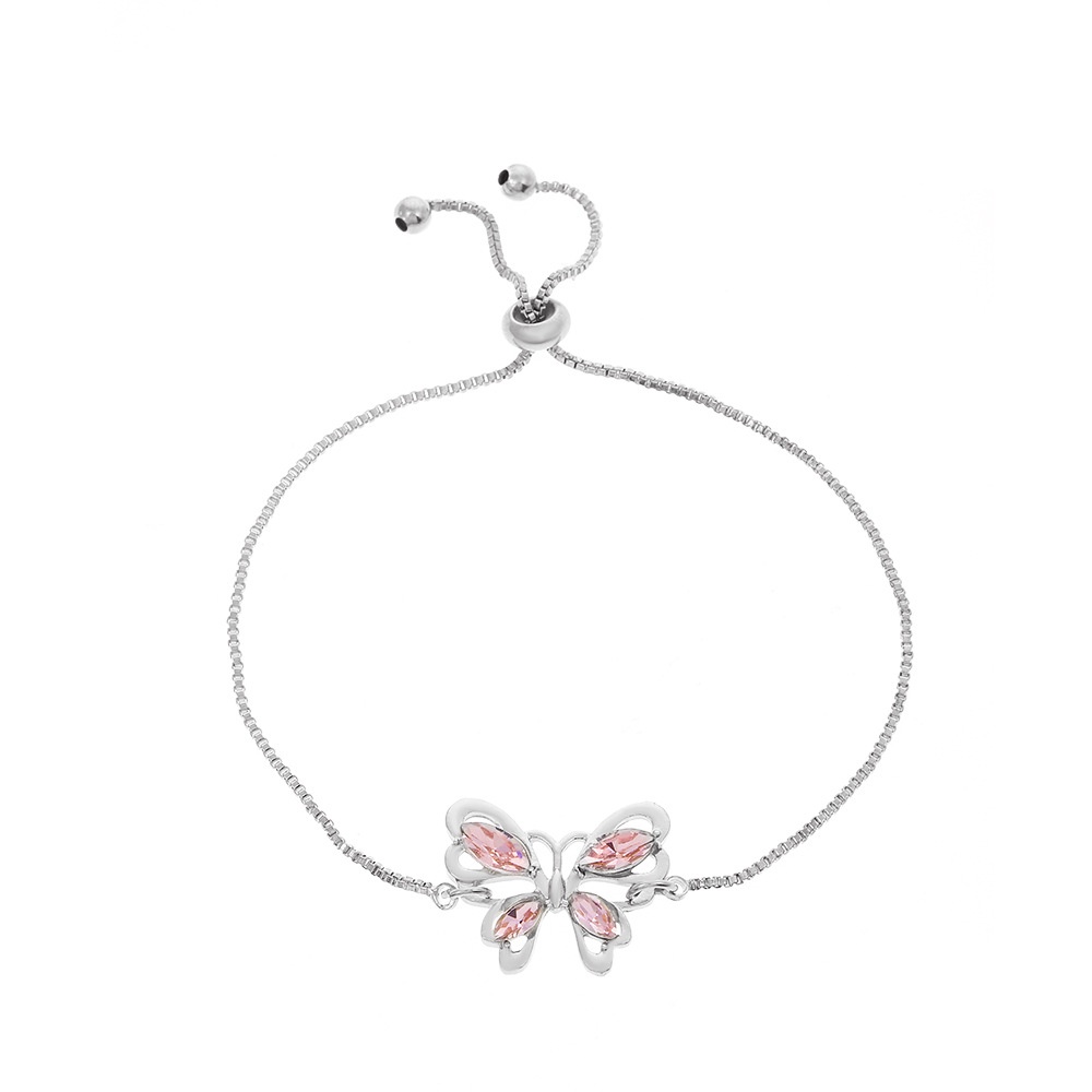 Gelang Rantai Tipis Adjustable Desain Kupu-Kupu Hollow Hias Kristal Pink Untuk Wanita