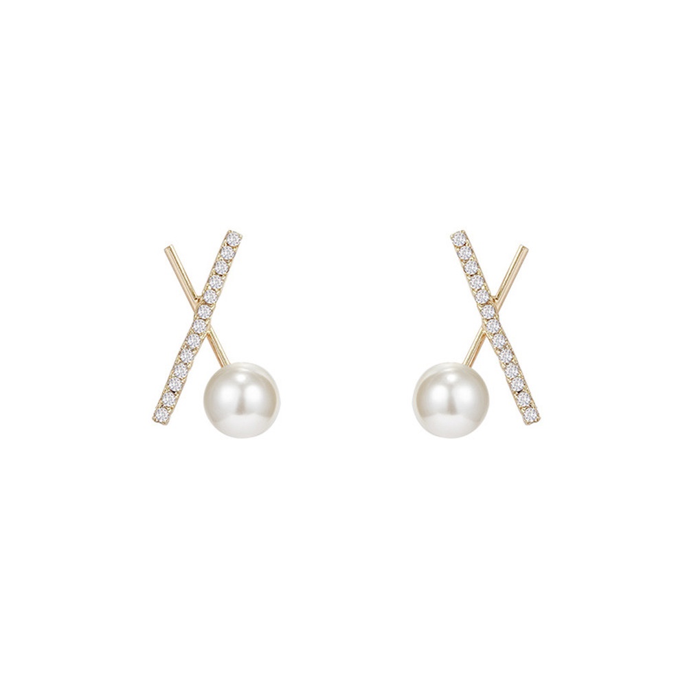 Anting Stud Mutiara Geometris Silang Warna Silver Gaya Korea