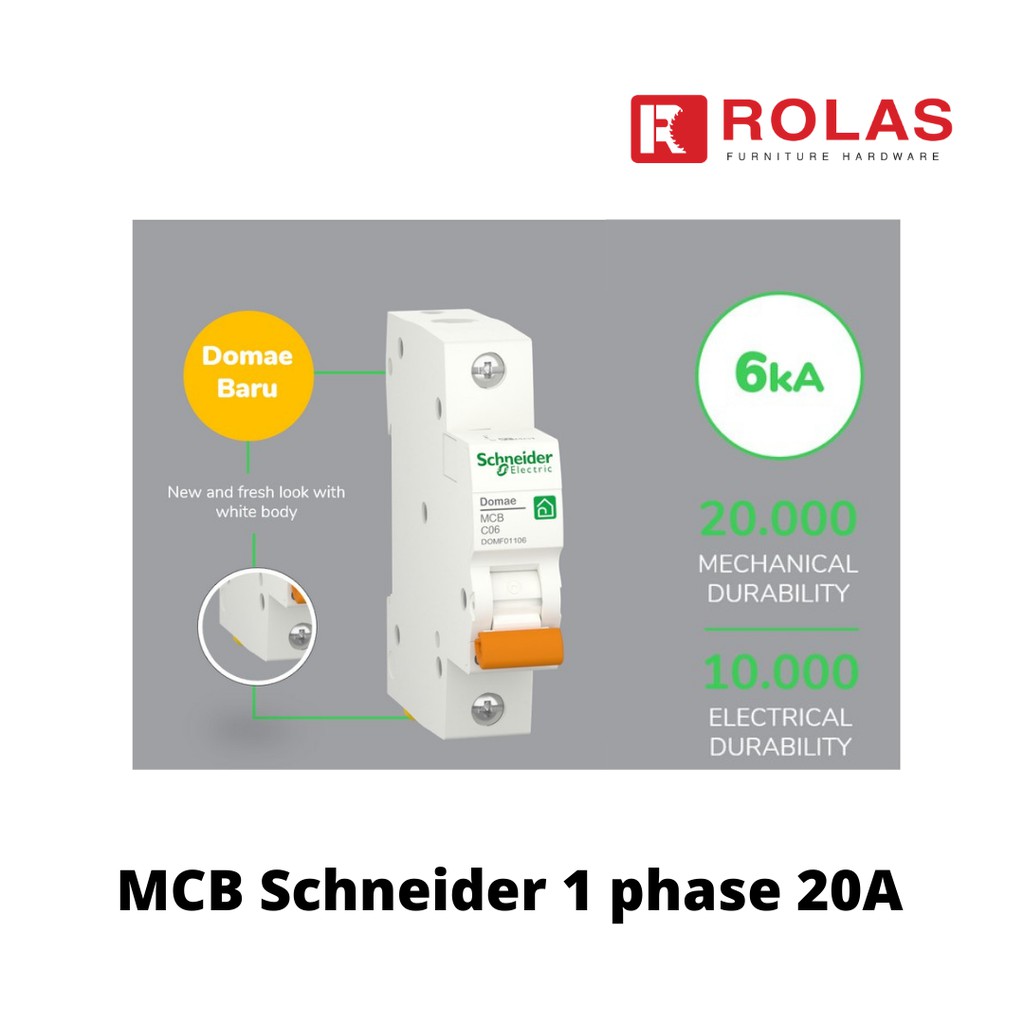 MCB SCHNEIDER 1 PHASE 20A TYPE DOMAE 6000kA