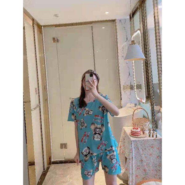 NEW SET PIYAMA IMPORT / SLEEPWEAR / BAJU TIDUR MURAH-Set bear biru