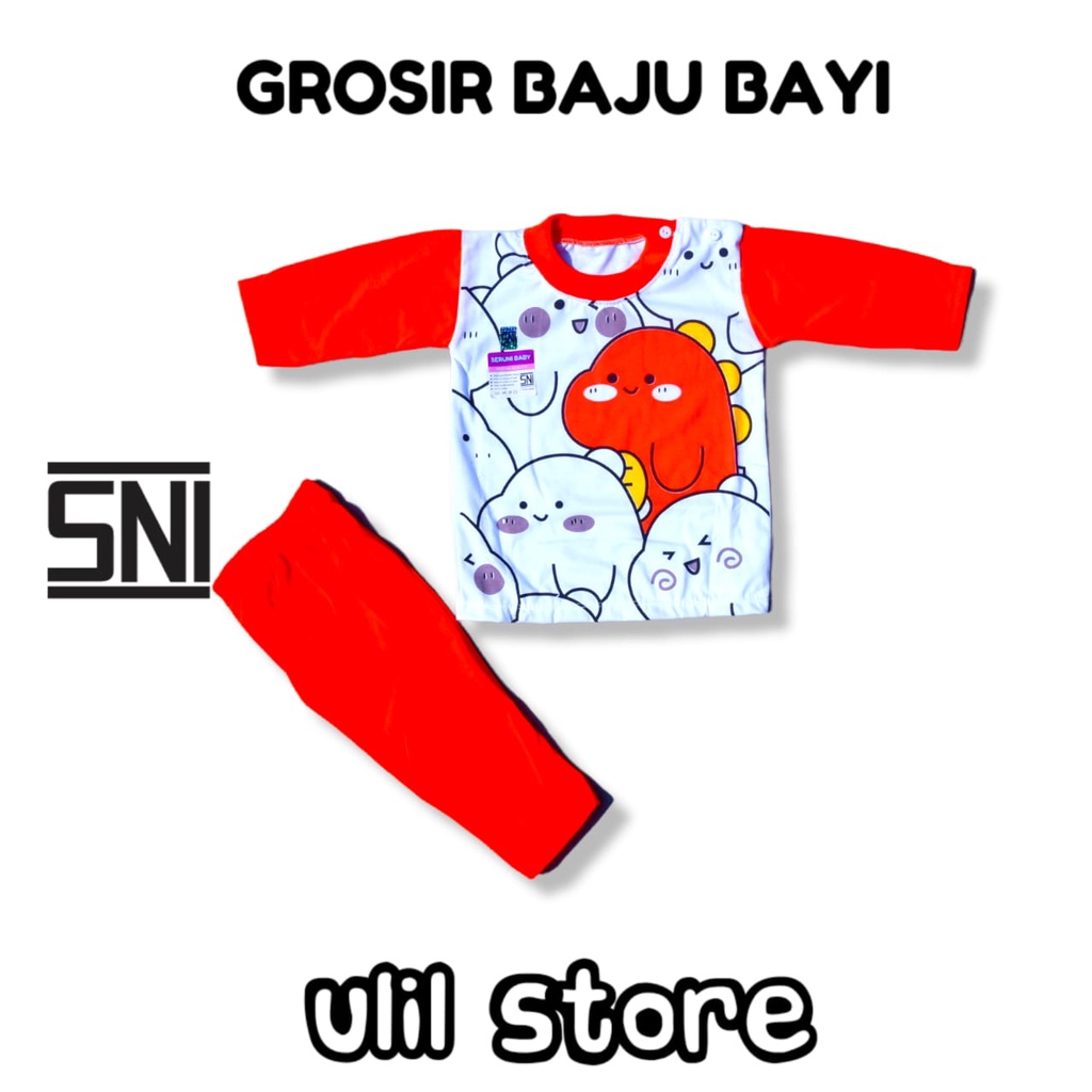 Setelan Baju Bayi Panjang SNI Kancing Pundak Seruni Baby Usia 3-15 Bulan Motif Doodle Dino