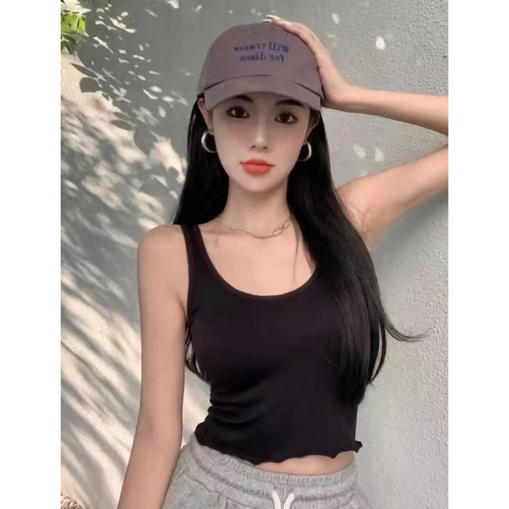 BATAMMODE Tanktop Crop Busa Berjahit Model Bawah Bergelombang-Hitam