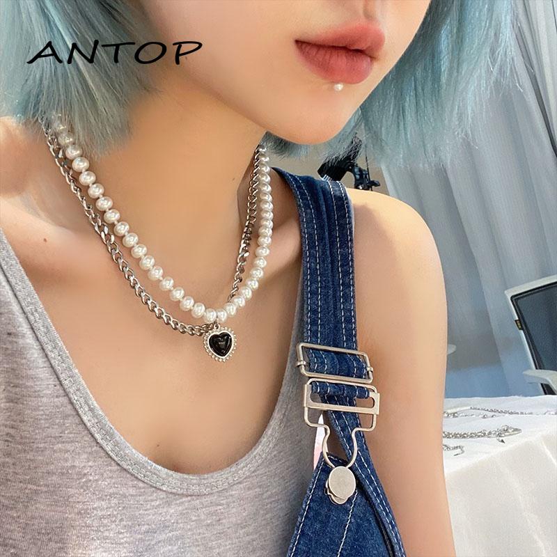 Kalung Rantai Klavikula Model Double Layer Aksen Mutiara Warna Hitam Gaya Retro Hip-Hop Untuk Wanita