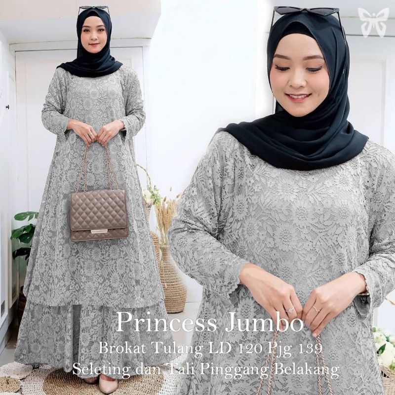 ELDE 5 - Princess Gamis Maxi JUMBO ( L - XL - XXL - XXXL ) Brukat tulang import lapis furing , seleting belakang , ada tali pinggang