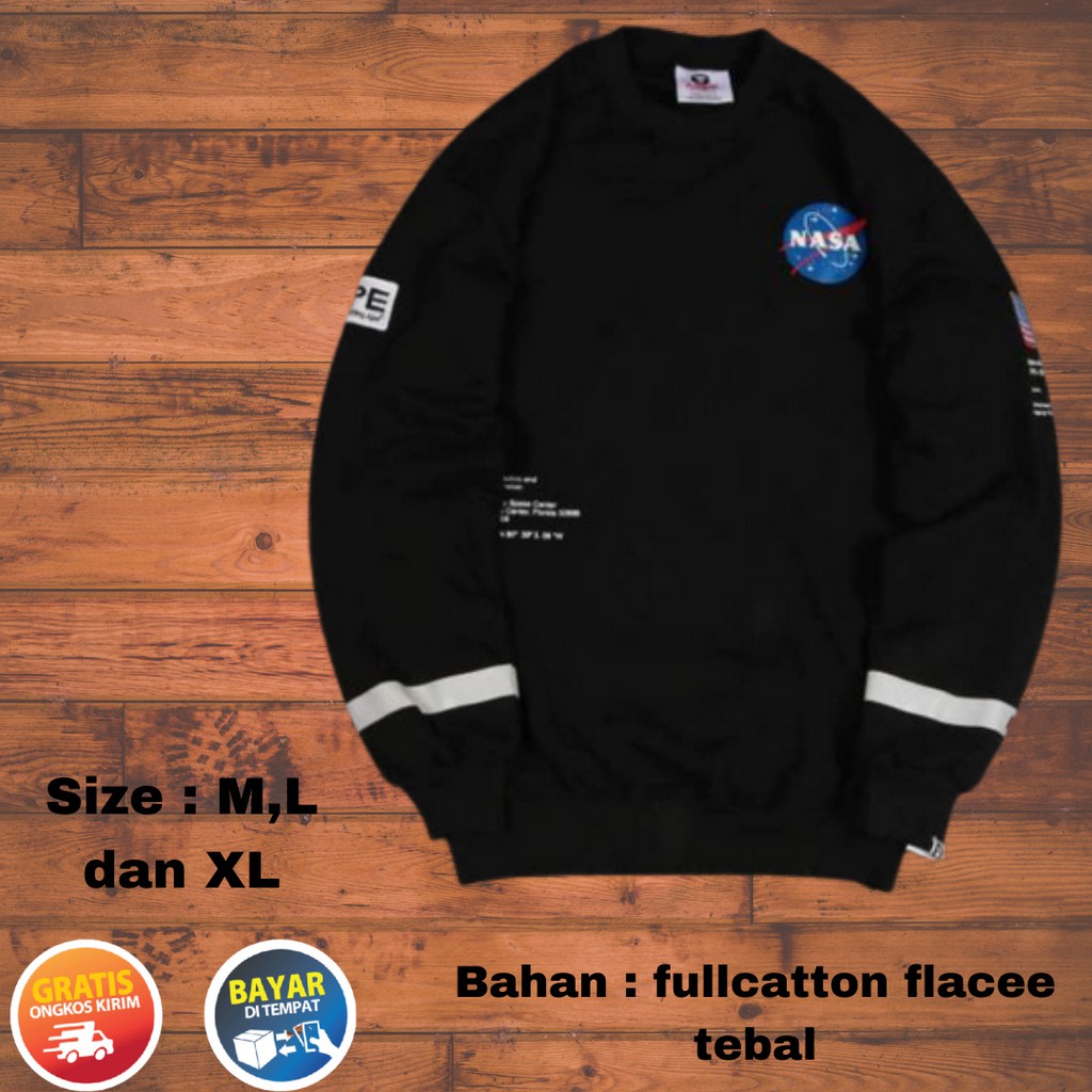 JAKET HODIE HOODIE NASA CREWNECK SWEATER CREW NECK NASA X AAPE PRIA WANITA UNISEX PREMIUM HITAM