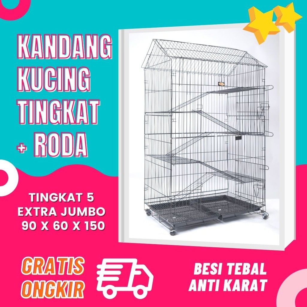 Kandang Kucing Tingkat 5 Model Rumah Jumbo 150x90x60 + RODA (bisa untuk 7-9 ekor kucing)