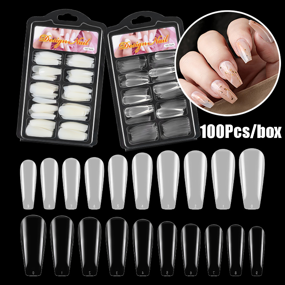 MXBEAUTY Transparent DIY Nail Art Tips Acrylic Coffin Fake Nails Ballerina False Nails Press on Nails for Nails Extension 100Pcs Natural Full Cover Manicure Accessories