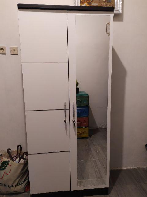 Lemari Pakaian 2 Pintu Minimalis Putih Dengan Cermin Premier