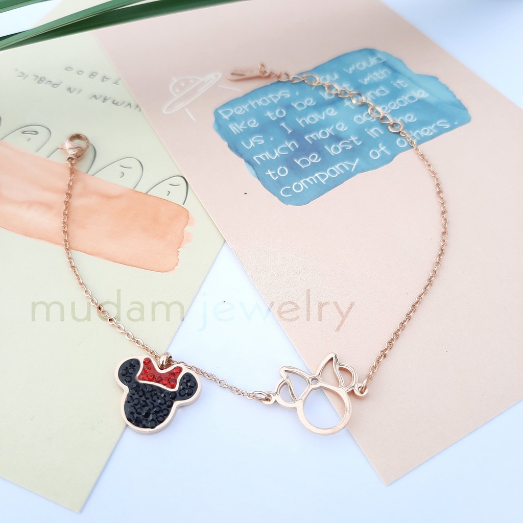 Gelang Rantai Titanium Desain Minnie Warna Rose Gold, Gold dan Silver