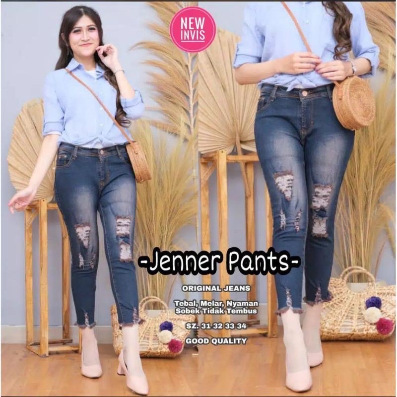 WOW-Jenner Celana Jeans//Celana 7/9 Ripped Wanita//Celana Jeans Wanita//Celana Sobek Wanita