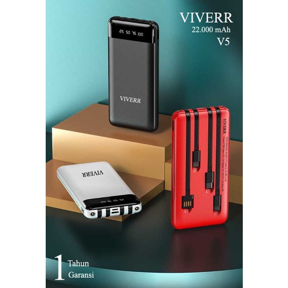 Powerbank VIVERR V5 original Kapasitas 22.000 mAh Output 3 Kabel ( iphone, TypeC,Micro ) universal buat semua gadget garansi 1 Tahun.