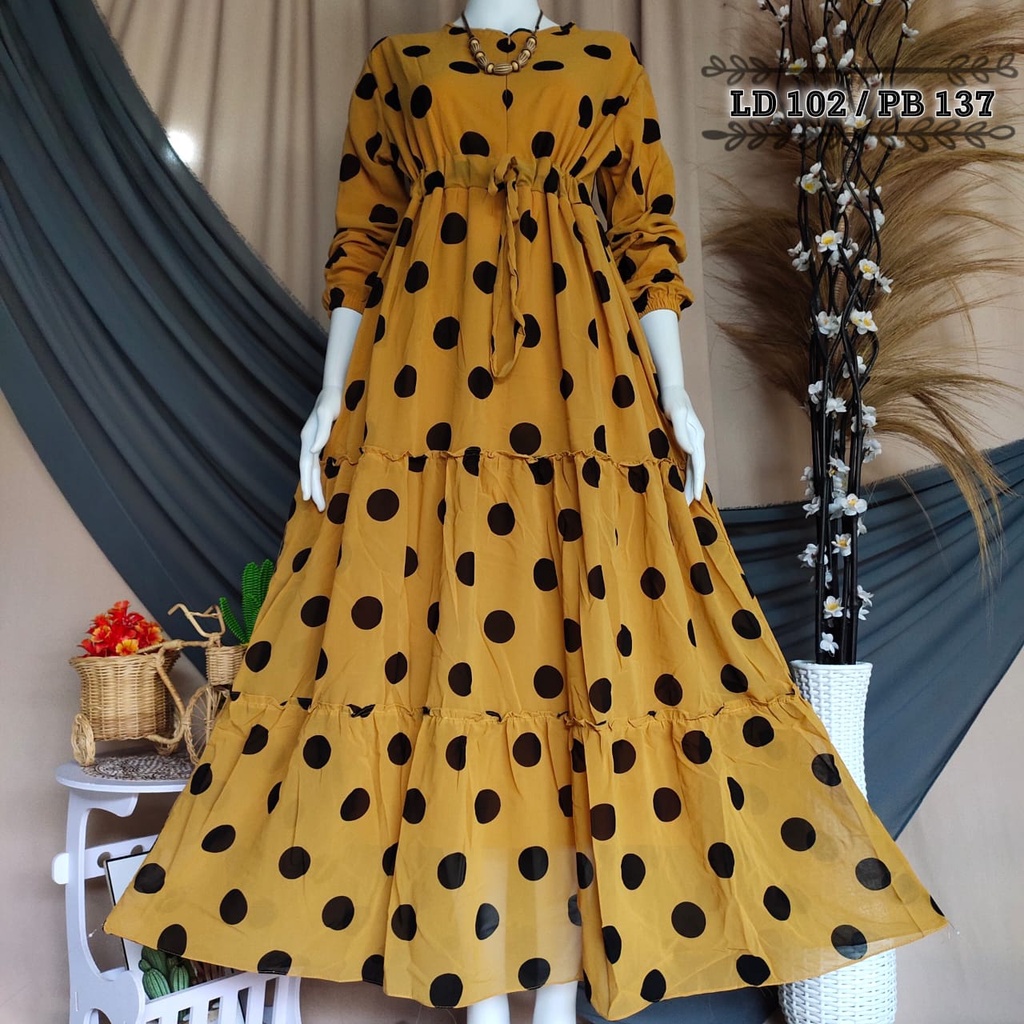 Gamis Ceruty / Seruti Terbaru Mdel rempel Motif Polkadot Besar