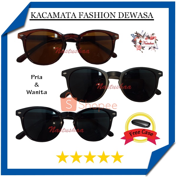 Kacamata Hitam Fashion ala Korea / Kaca Mata Retro Gaya Sunglasses Style Trendy Anti UV400 Wanita Pria Bulat Oval FREECASE