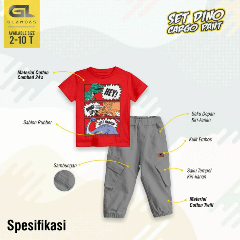 Pakaian anak laki-laki 2-10Th/Set Dino cargo pant by Glamoas/Baju anak Dinosaurus