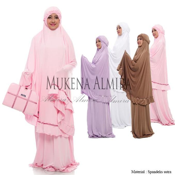 SALE! MUKENA PUTIH POLOS ALMIRA SPANDEK SUTRA DEWASA - MERAH MUDA