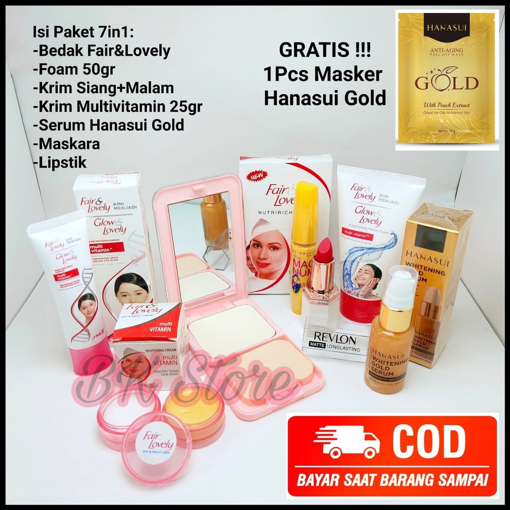 Paket Kecantikan 7in1 Free Masker Hanasui Gold/Bedak+Multivitamin 25gr+Foam 50gr+Krim Susun+Lipstik+