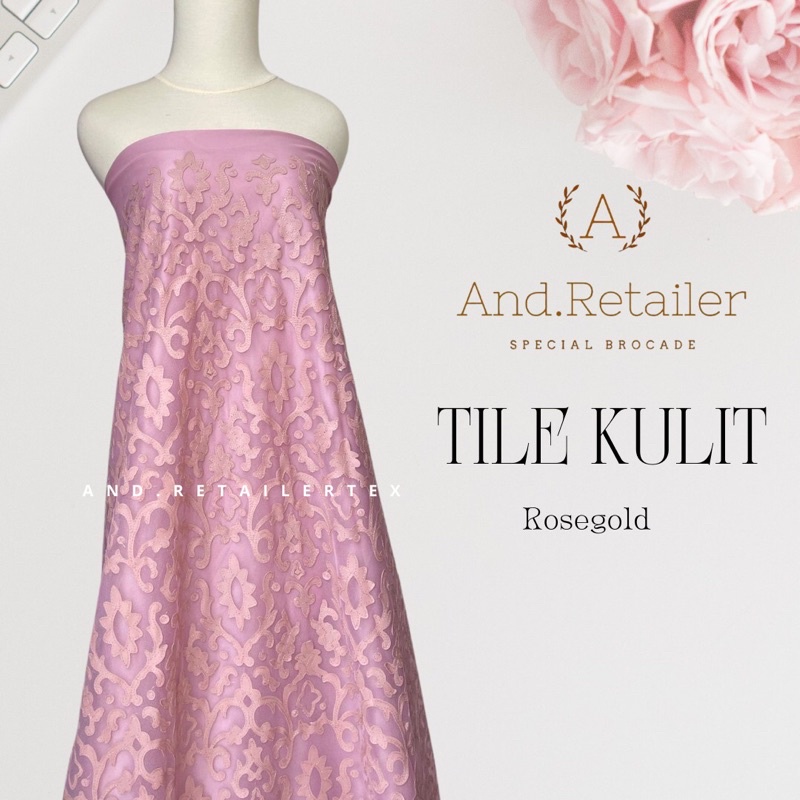 Kain Bahan Kebaya Brokat Tile Bordir Kulit Warna Rose Gold