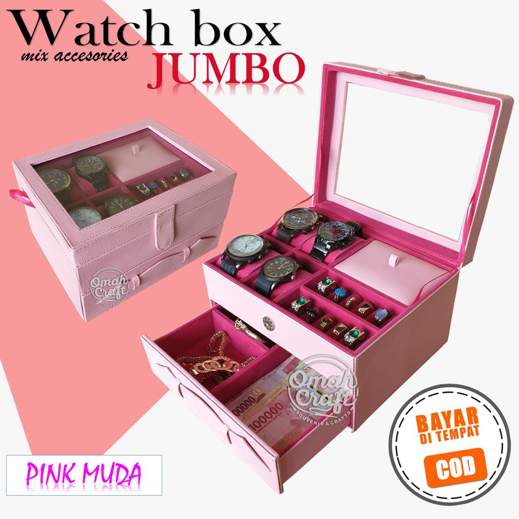 SIZE JUMBO - Kotak Tempat Jam Tangan isi 4 Mix Perhiasan Emas Cincin Gelang Kalung PINK MUDA