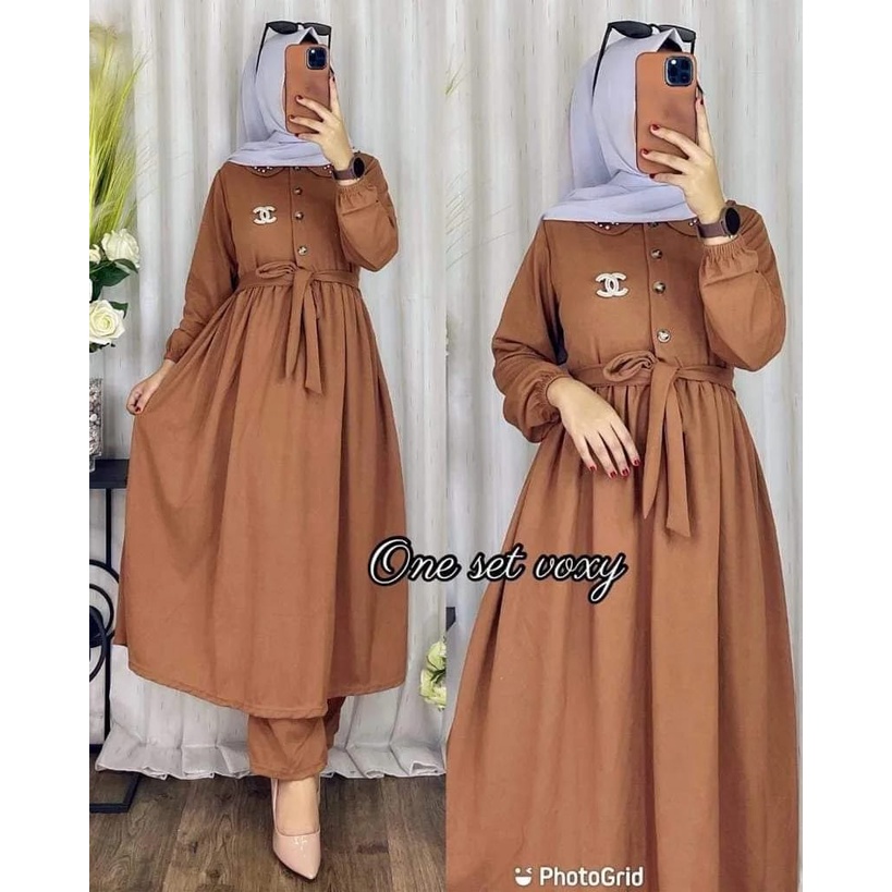 ONE SET CELANA VOXY ONE SET CELANA LONG TUNIK SETELAN WANITA LONG TUNIK KANCING DEPAN BAJU DAILY SET