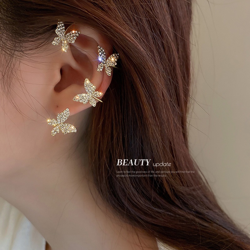 AY(CN) Fashion Crystal Butterfly Clip Earring Elegant Gold Silver Ear Clips for Women Accessories Jewelry Gift