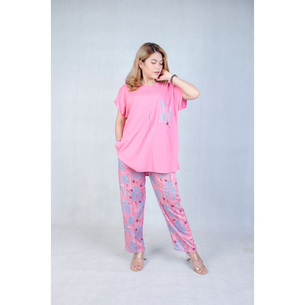 Setelan Piyama Babydoll Lengan Pendek Kekinian Baju Tidur One Set Rayon Premium Wanita Dewasa Busui-Sakura Pink