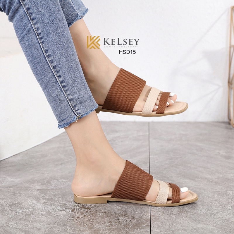 Kelsey Sandal Slop Wanita Import HSD15 Bahan Kulit Cantik Bangget Sandal Flat 1cm