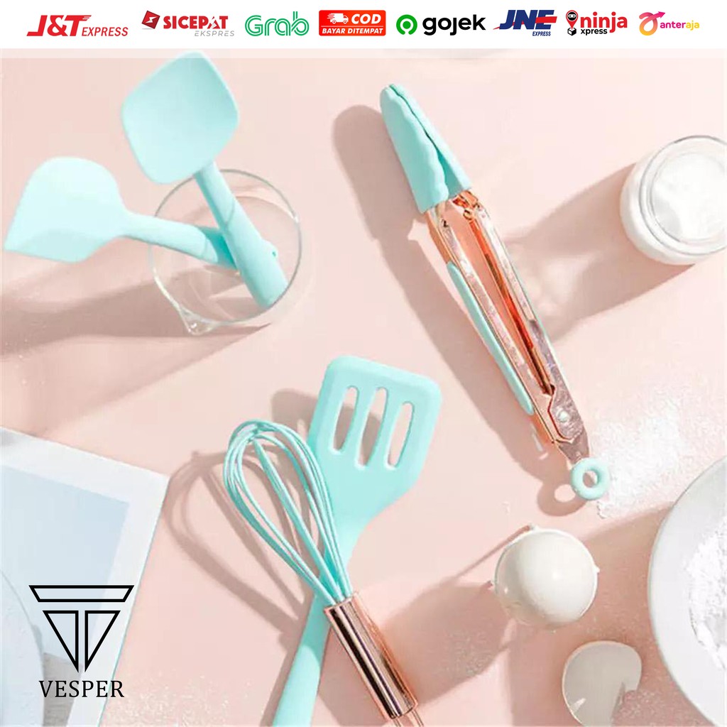 silicone kitchen utensils mini 5in1 / alat masak silikon set spatula sutil egg beater food clip set-3
