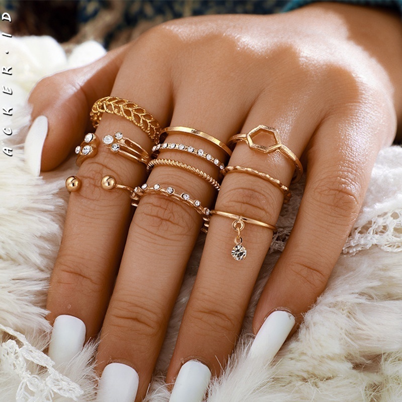 [ACKER] 8Pcs Mode Pribadi Berlian Geometric Gold Rings Joint Tail Set Cincin Untuk Wanita