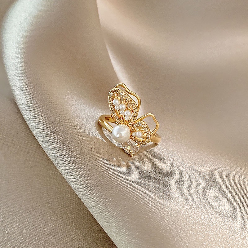 Shuling Butterfly Pearl Zircon Ring Female ins tide Fashion Adjustable Rings