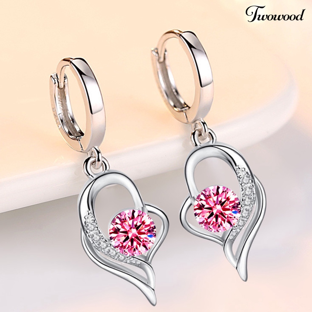 Twowood 1 Pair Women Earrings Heart Shape Shiny Faux Crystal High Quality Drop Earrings for Wedding