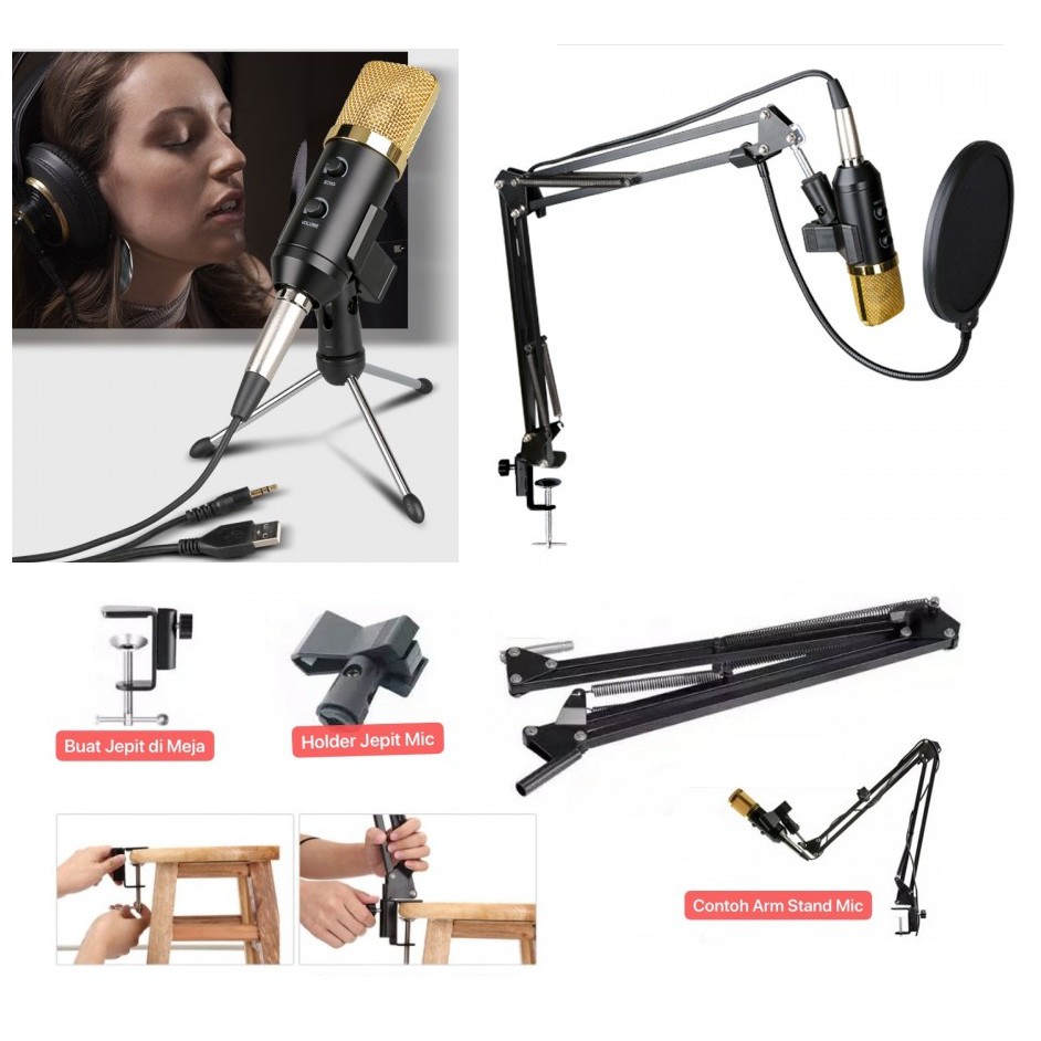 MIC-005 Rekaman MIC Profesional BM-800 Upgrade CONDENSER ARM Stand Mic + TRIPOD + Pop Filter