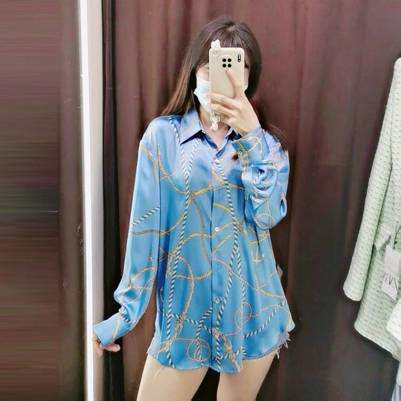 Kemeja Zara Biru Chain Tansel // Baju Atasan Wanita Katun silk import Blue Chain