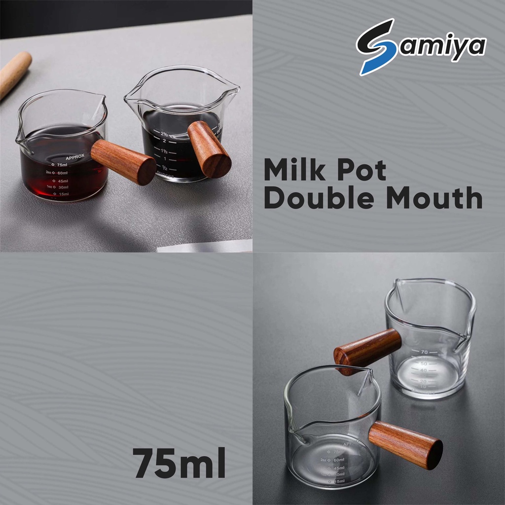 milk jug pot 75ml double mouth wooden handle / gelas takar ukur kopi espresso gula susu gagang kayu 75ml double spout measuring cup