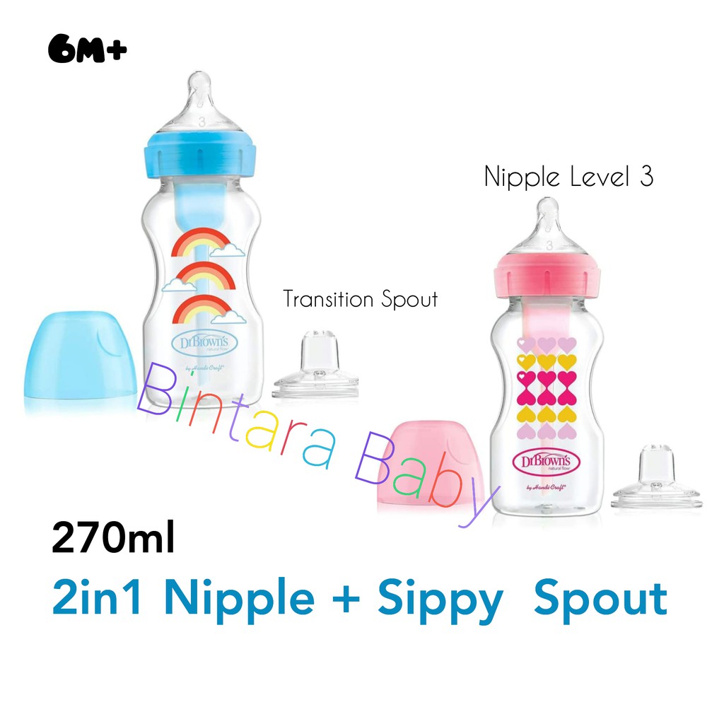 Dr Browns 2IN1 BOTTLE AND SIPPY SPOUT  270ML / Botol Susu Dr Browns Wide neck Options Motif Pelangi