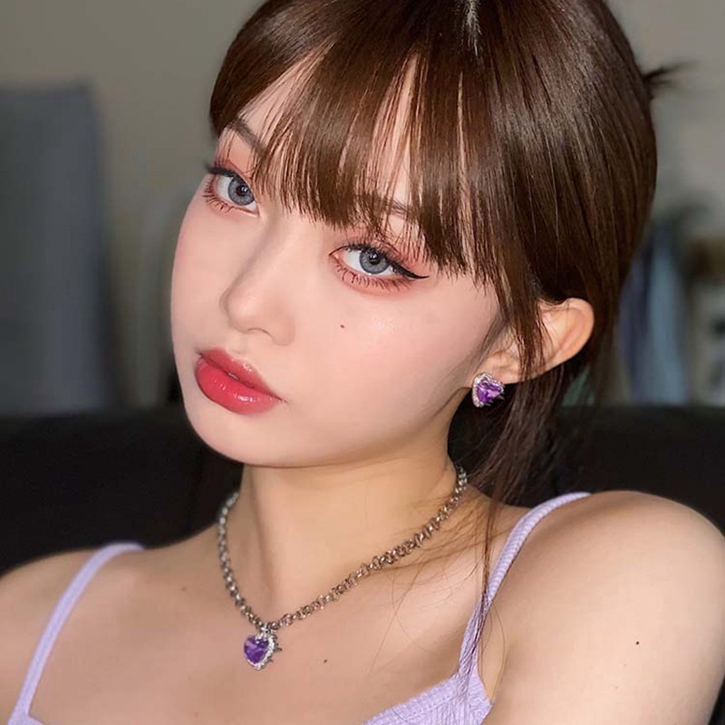 2pcs / Set Kalung Choker + Anting Tusuk Bentuk Hati Warna Ungu Untuk Perhiasan Wanita