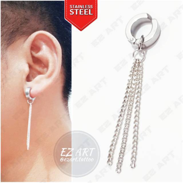 1Pc Model EZ-O Silver Anting Jepit Tusuk Variasi Bandul Gaya Punk Korea KPOP Stainless Steel