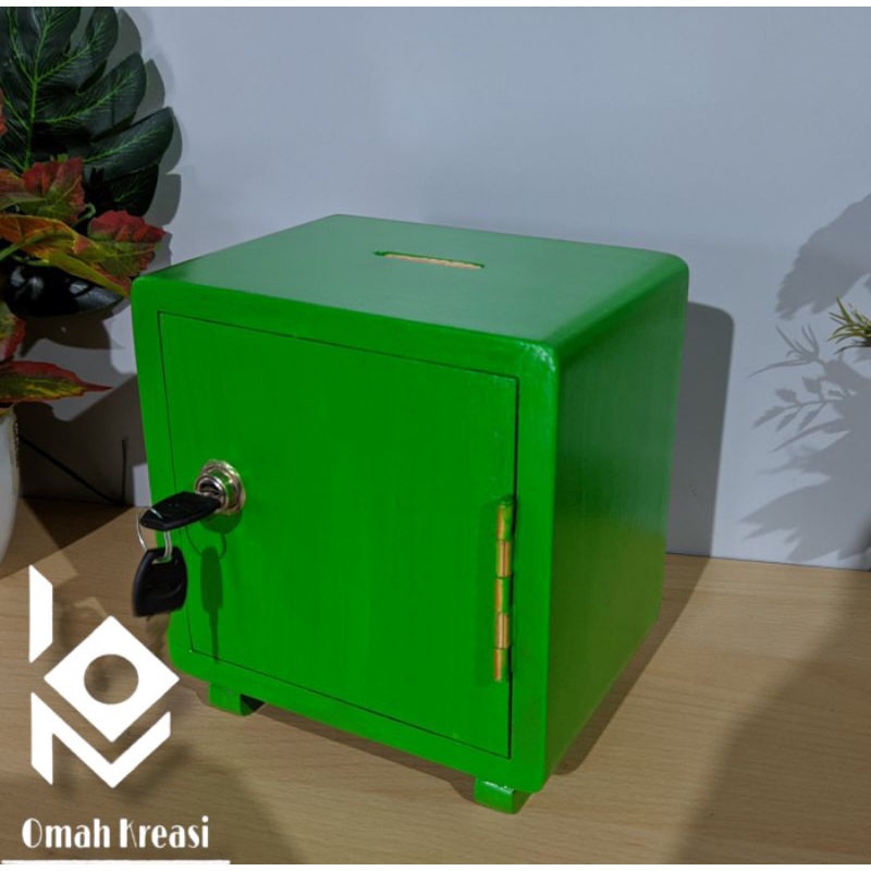 Celengan Kayu Celengan Terget Unik Buka Tutup Kunci Dengan Banyak Varian Warna-Hijau
